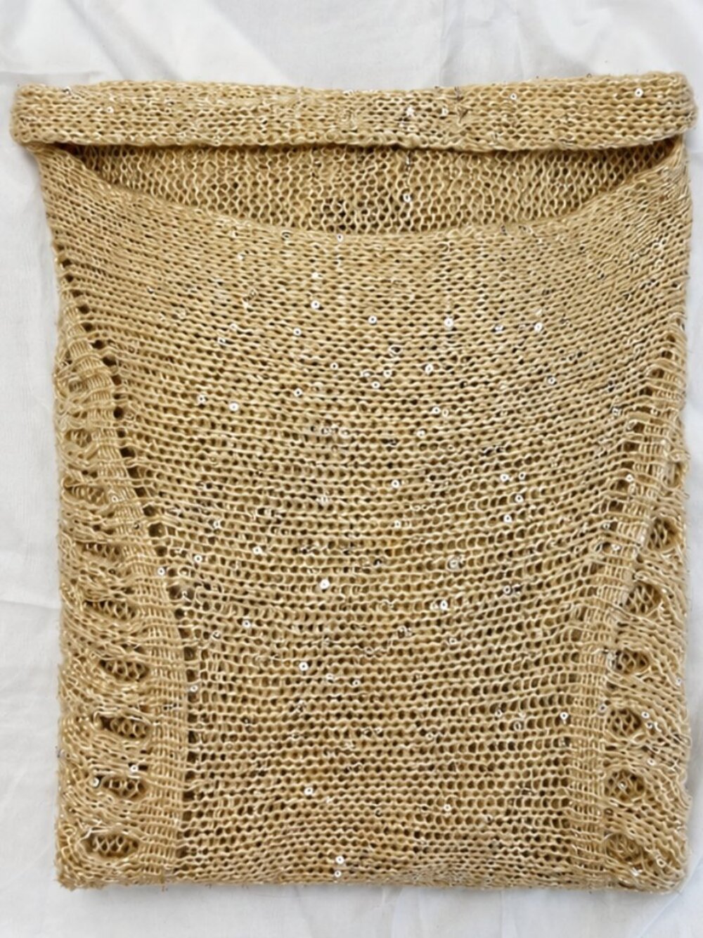 Cream Sequin Open Knit Sweater S 2010s Boho Hi-Lo Holiday Cottagecore